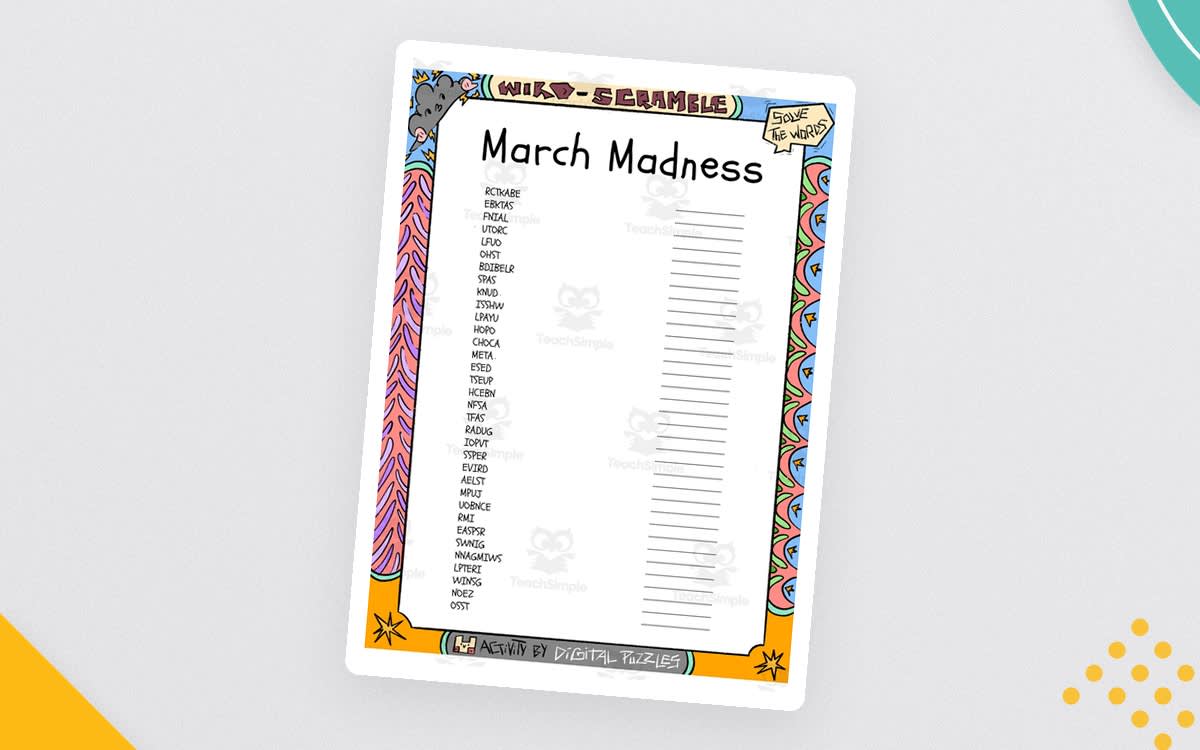 An educational teaching resource from Lapiiin Art Activities entitled March Madness word Scramble puzzle worksheet downloadable at Teach Simple.