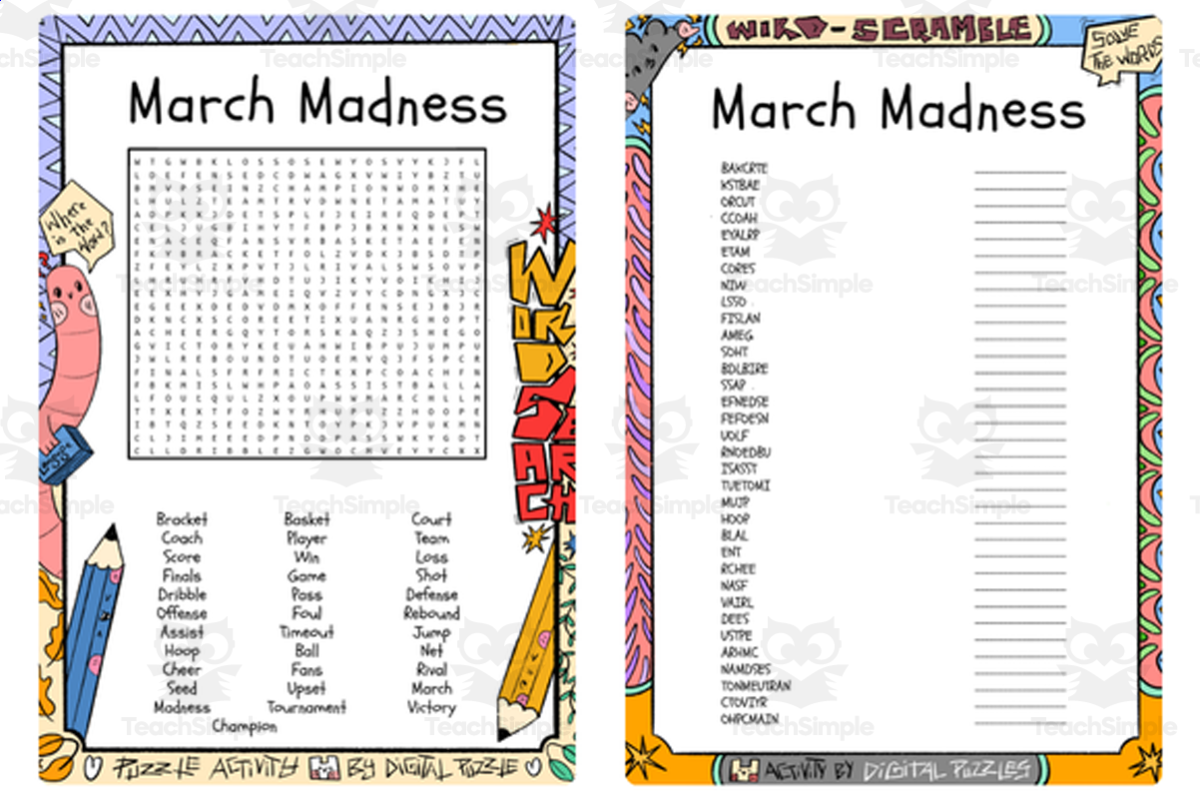 An educational teaching resource from Lapiiin Art Activities entitled March Madness word search & scramble downloadable at Teach Simple.
