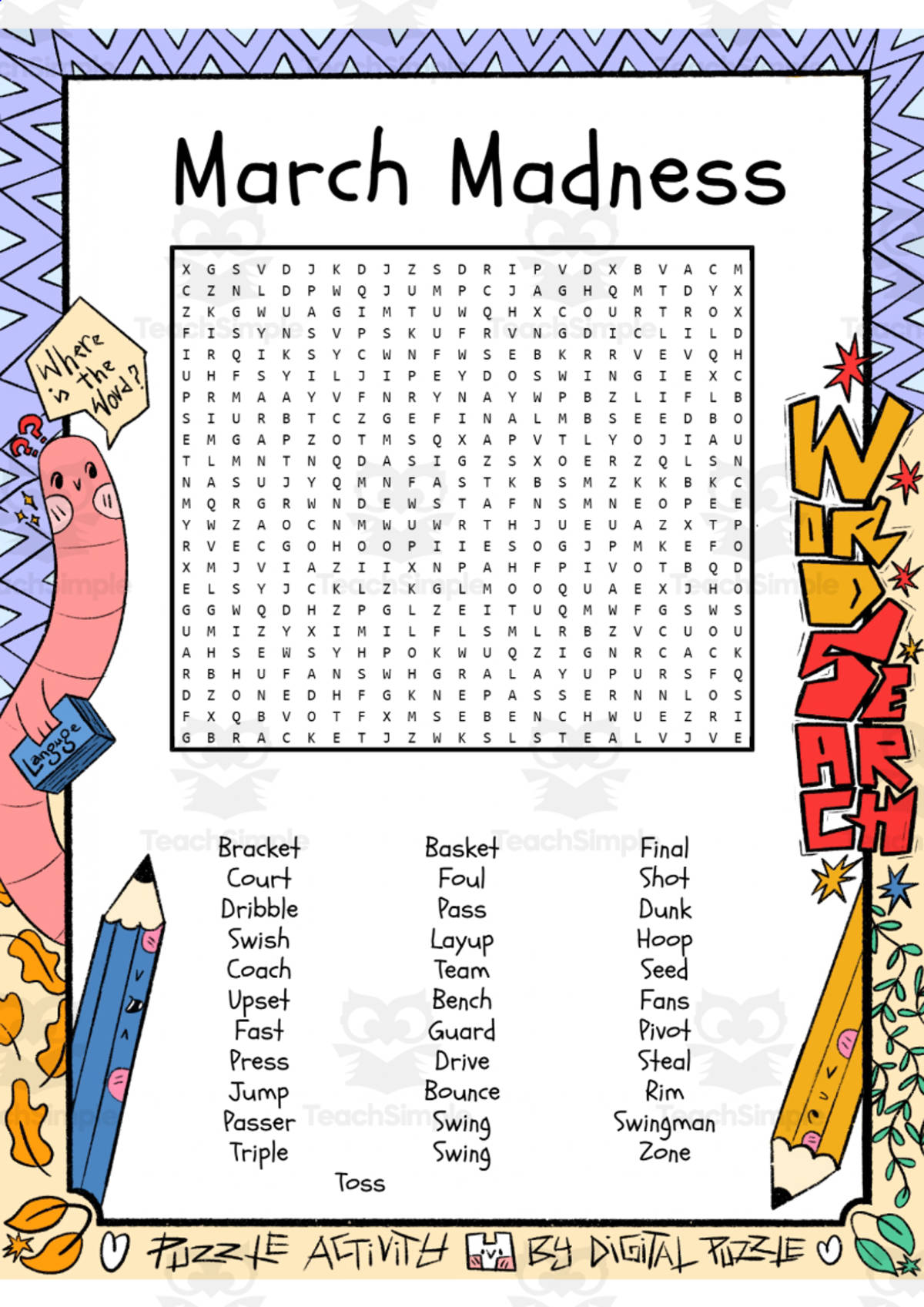 An educational teaching resource from Lapiiin Art Activities entitled March Madness word search puzzle worksheet activity downloadable at Teach Simple.