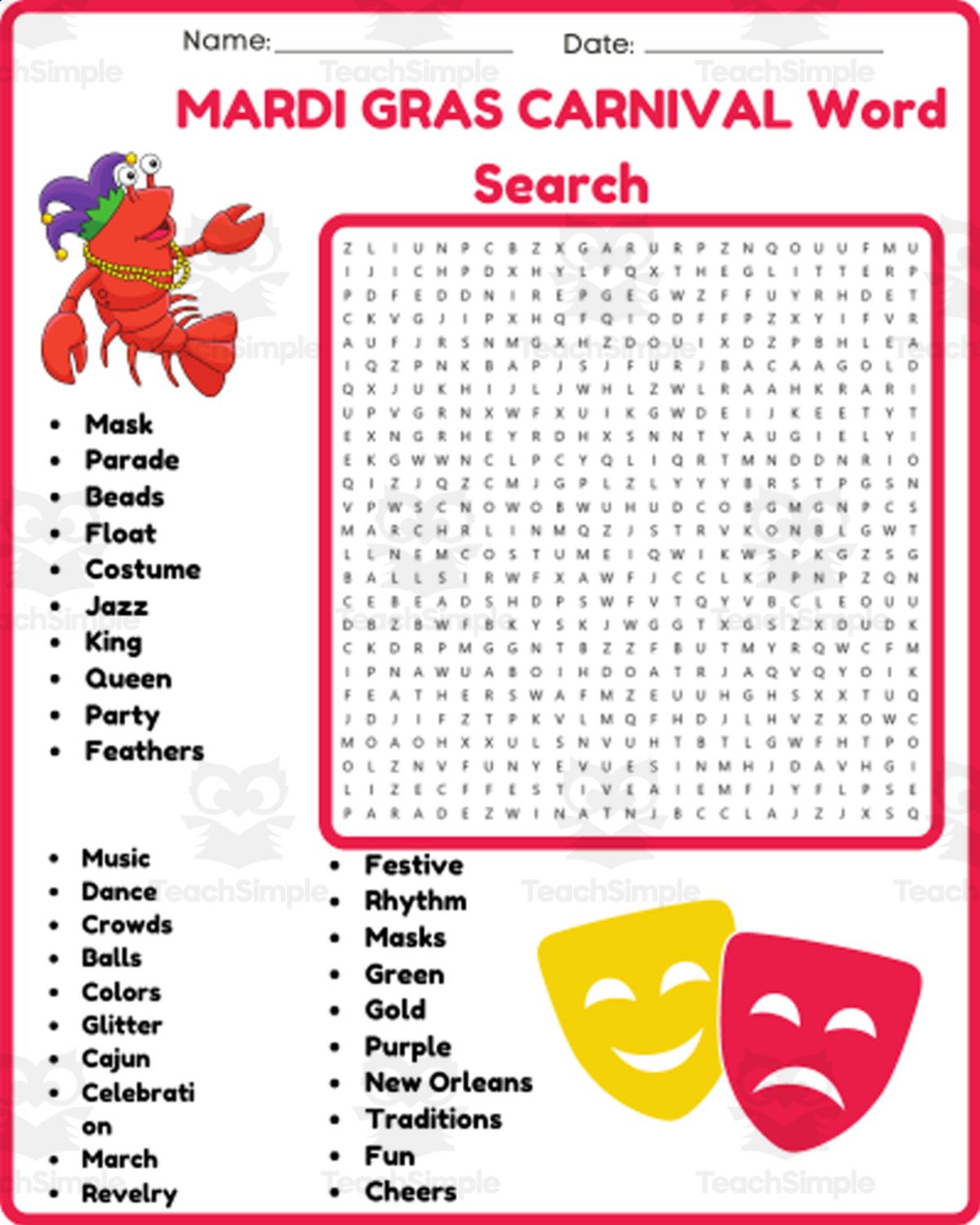 An educational teaching resource from space shope entitled Mardi Gras Word Search – Carnival Bell Ringer downloadable at Teach Simple.