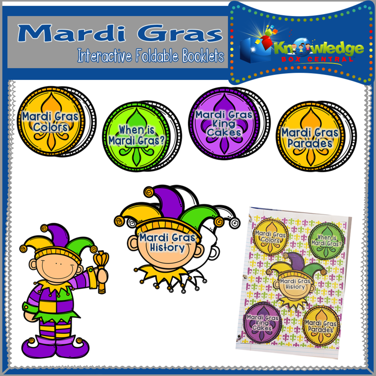 An educational teaching resource from Knowledge Box Central entitled Mardi Gras Interactive Foldable Booklets - EBOOK downloadable at Teach Simple.