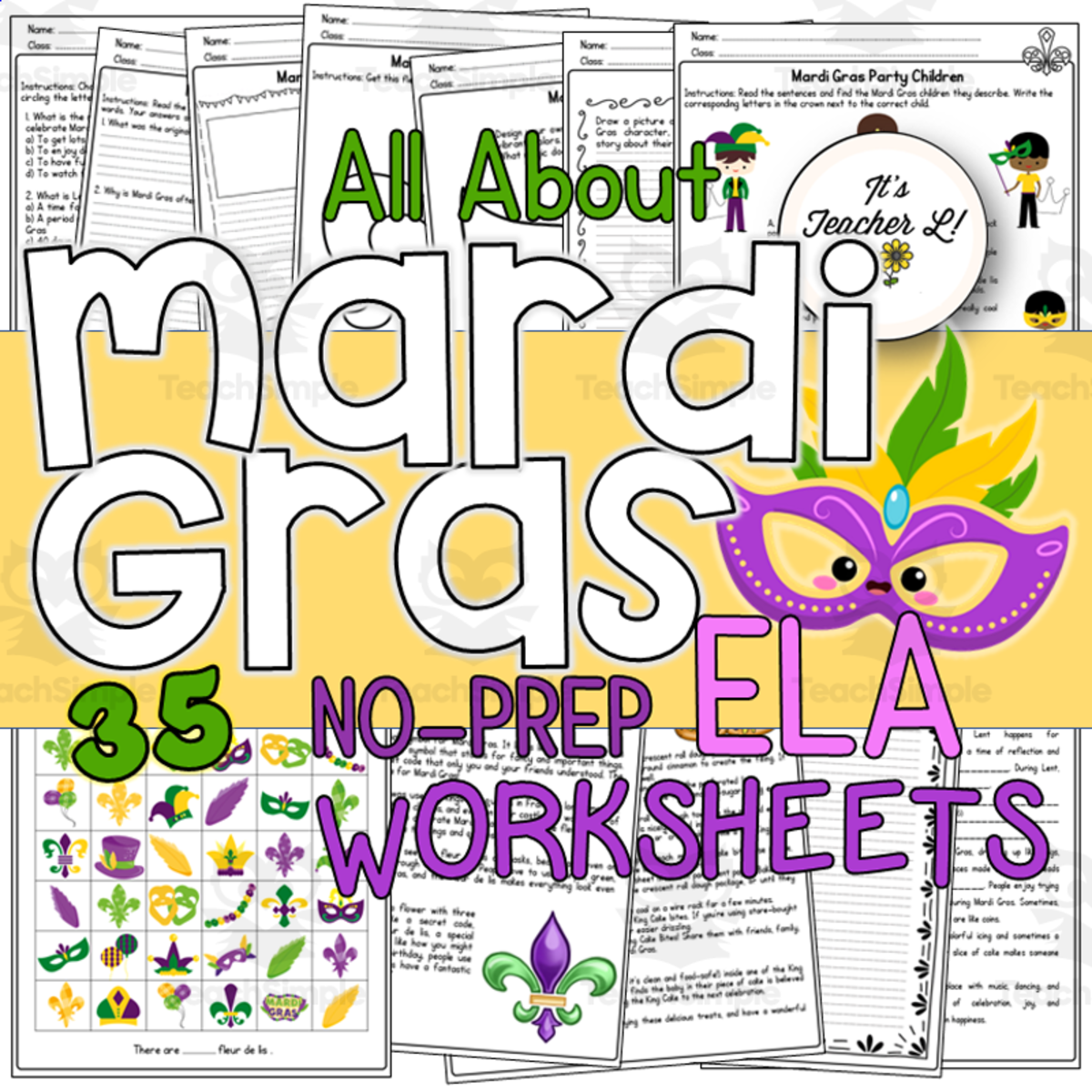 An educational teaching resource from It's Teacher L entitled Mardi Gras No-Prep ELA Worksheets downloadable at Teach Simple.