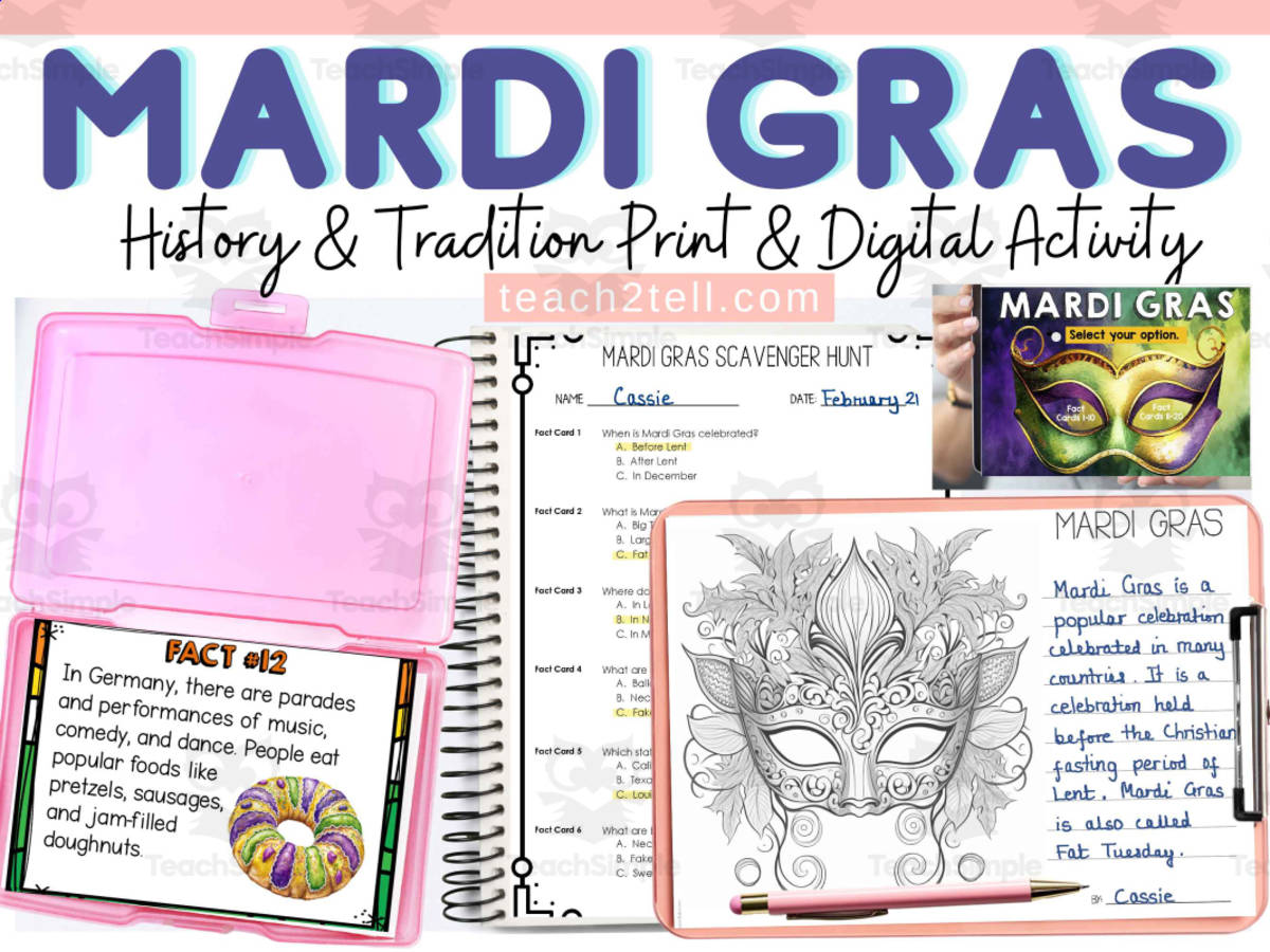 An educational teaching resource from Teach2Tell entitled Mardi Gras Scavenger Hunt – Reading Comprehension downloadable at Teach Simple.