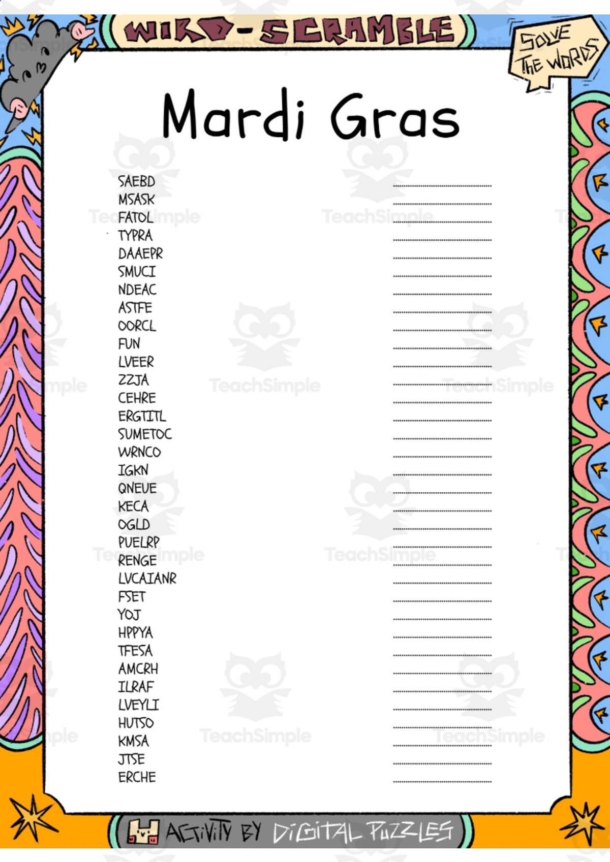 An educational teaching resource from Lapiiin Art Activities entitled Mardi Gras word Scramble puzzle worksheet downloadable at Teach Simple.