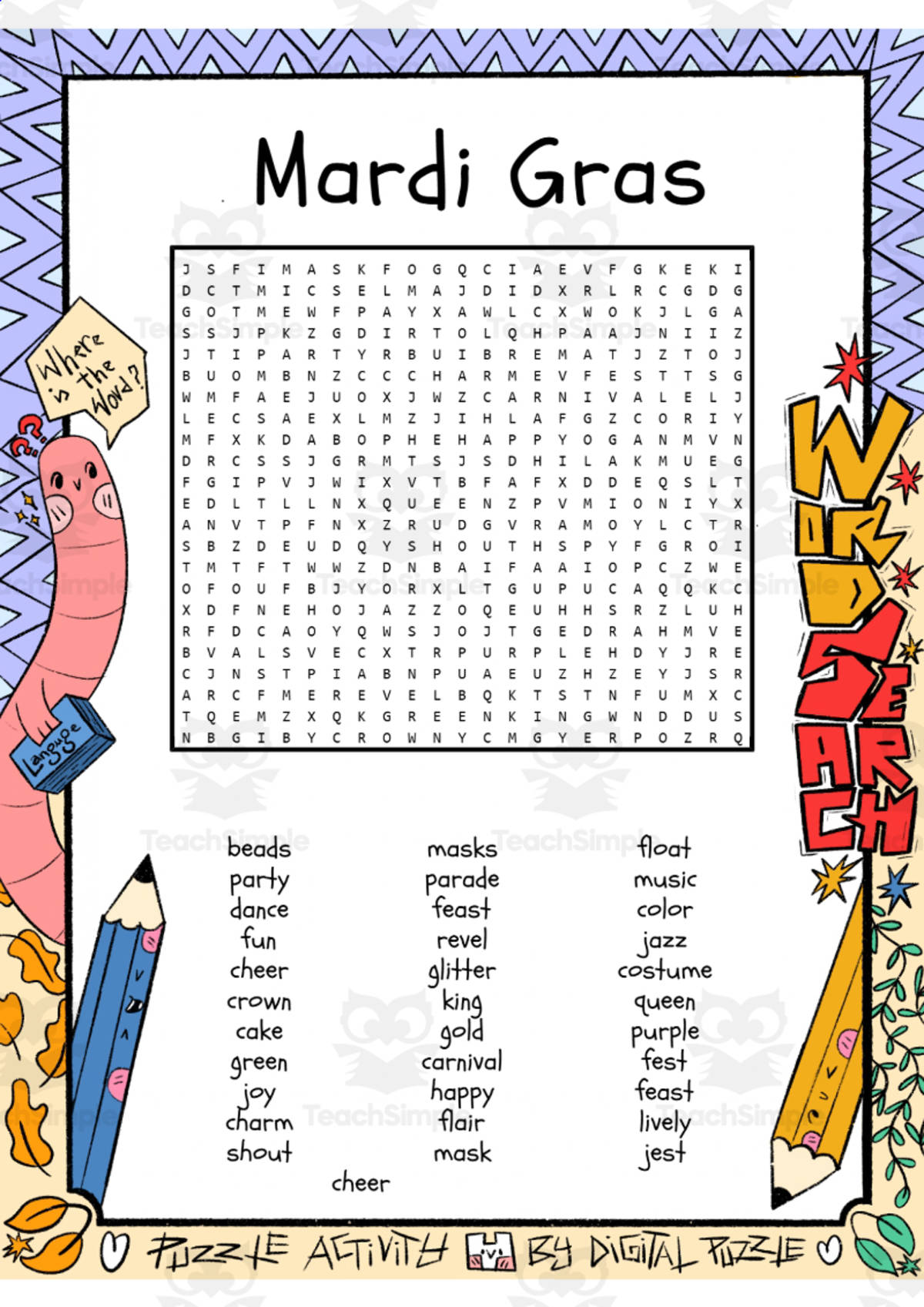 An educational teaching resource from Lapiiin Art Activities entitled Mardi Gras word search puzzle worksheet activity downloadable at Teach Simple.
