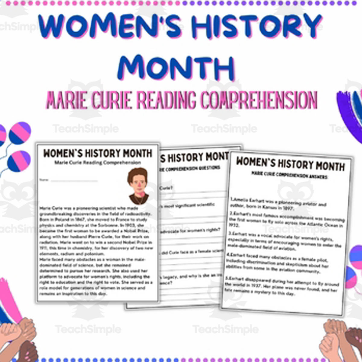 An educational teaching resource from Style Your Classroom entitled Marie Curie: Inspiring Women's History Month Reading. downloadable at Teach Simple.