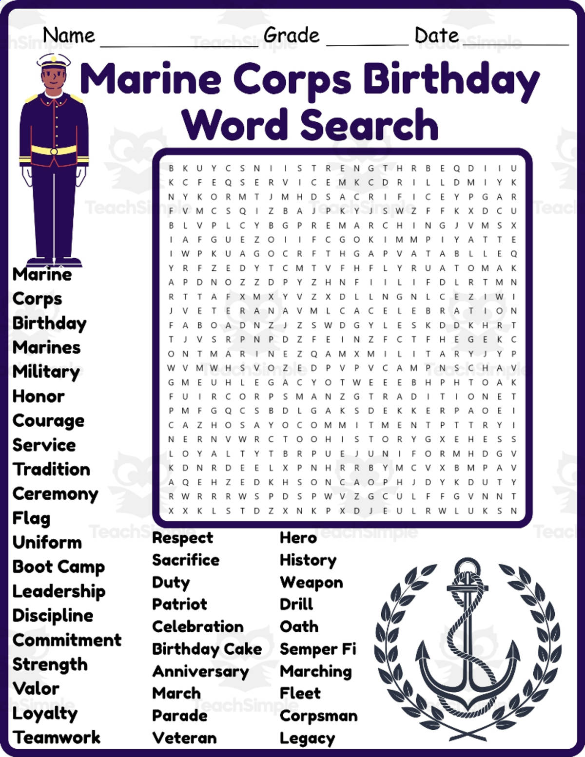 An educational teaching resource from Classsimple entitled Marine Corps Birthday Word Search 2nd 3rd 4th 5th Grade Worksheet downloadable at Teach Simple.