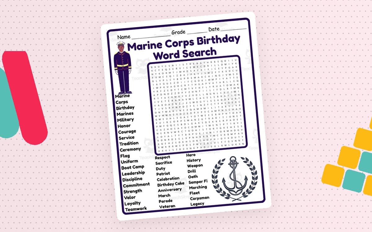 An educational teaching resource from Classsim entitled Marine Corps Birthday Word Search 2nd 3rd 4th 5th Grade Worksheet downloadable at Teach Simple.