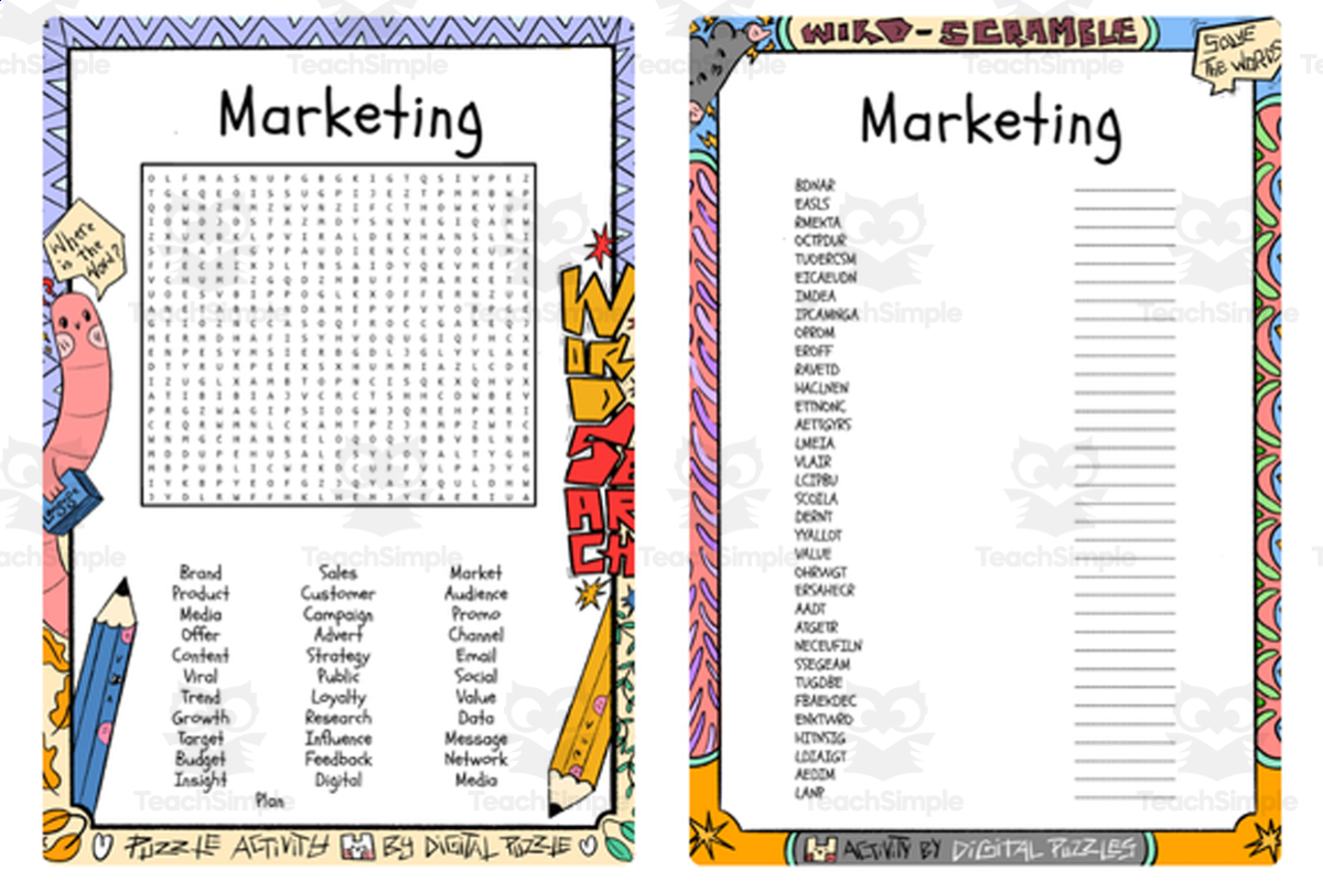 An educational teaching resource from Lapiiin Art Activities entitled Marketing word search & scramble downloadable at Teach Simple.