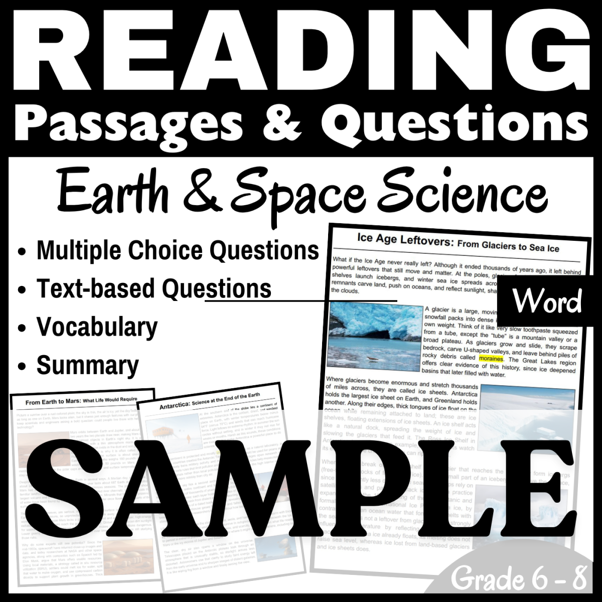 An educational teaching resource from CORED Education - Middle & High School entitled Mars, Glaciers, & Antarctica: SAMPLE Reading Passage (Word) downloadable at Teach Simple.