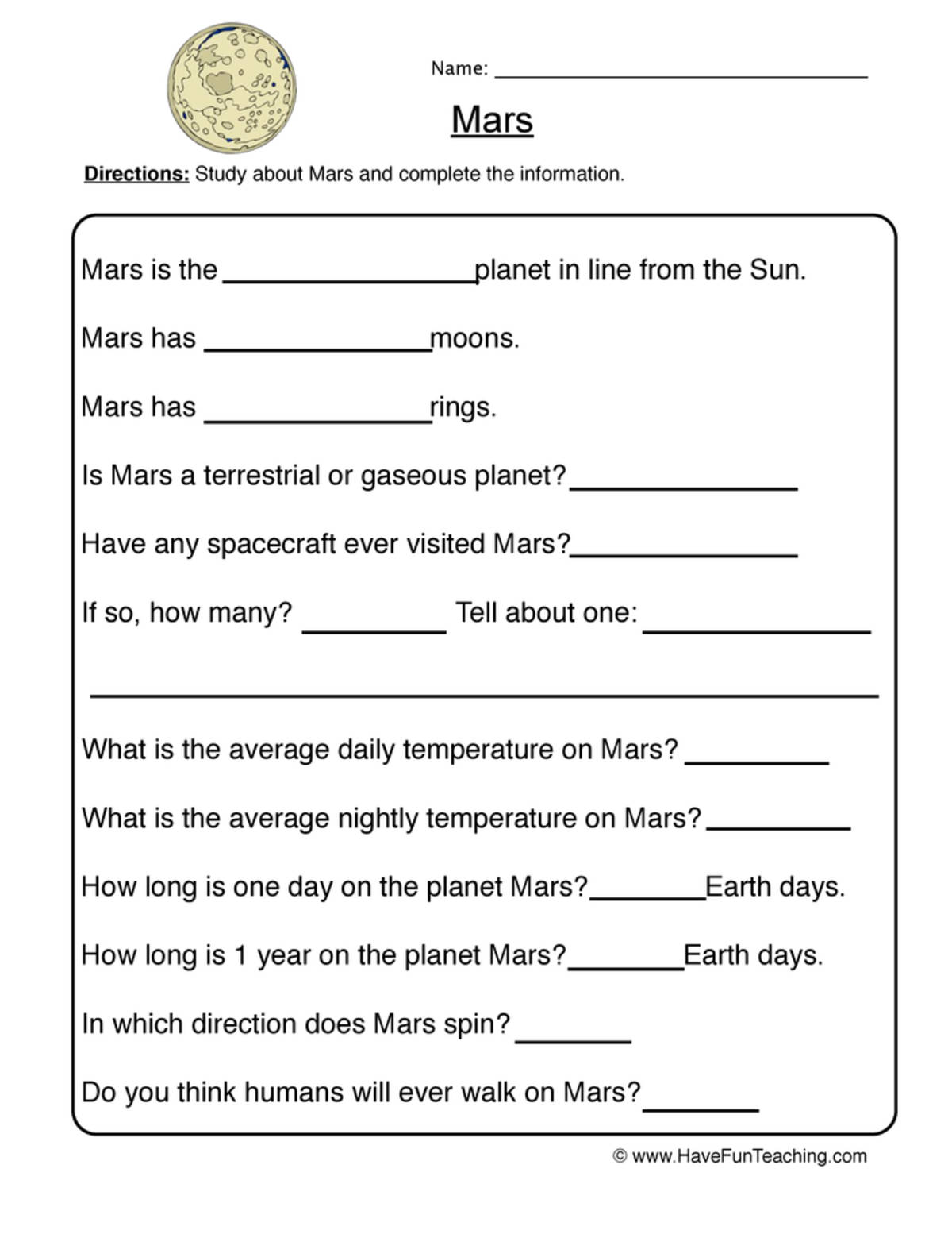An educational teaching resource from Have Fun Teaching entitled Mars Planet Worksheet downloadable at Teach Simple.