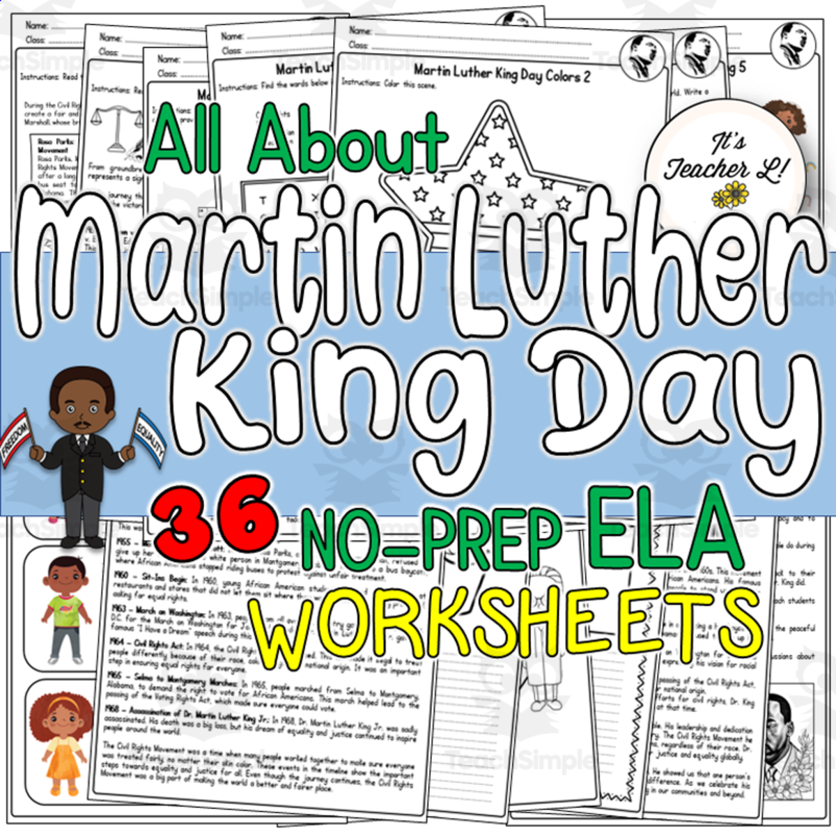 An educational teaching resource from It's Teacher L entitled Martin Luther King Day No-Prep ELA Worksheets downloadable at Teach Simple.