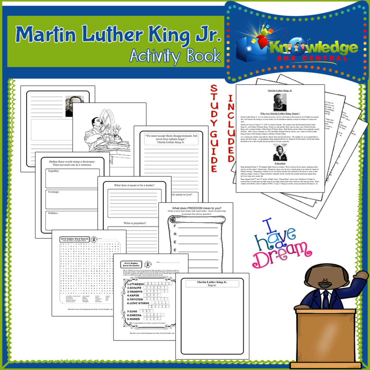 An educational teaching resource from Knowledge Box Central entitled Martin Luther King Jr Activity Book - EBOOK downloadable at Teach Simple.