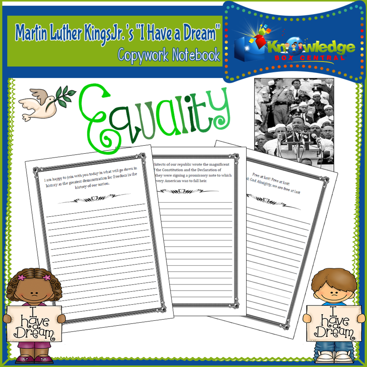 An educational teaching resource from Knowledge Box Central entitled Martin Luther King Jr "I Have a Dream" Copywork Notebook - EBOOK downloadable at Teach Simple.