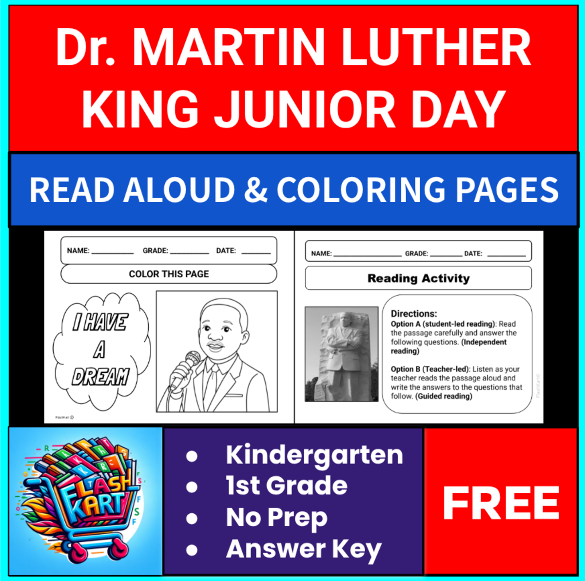 An educational teaching resource from FlashKart entitled Martin Luther King Jr. Read Aloud & Coloring Pages for KG and 1st downloadable at Teach Simple.