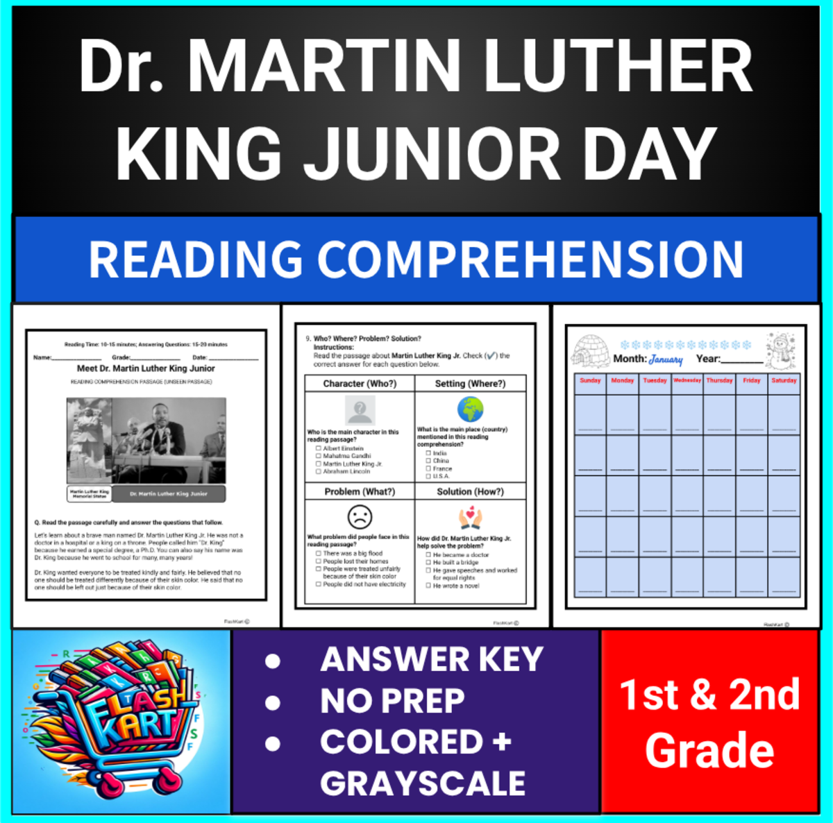 An educational teaching resource from FlashKart entitled Martin Luther King Jr. Reading Comprehension for 1st & 2nd  | MLK Day downloadable at Teach Simple.