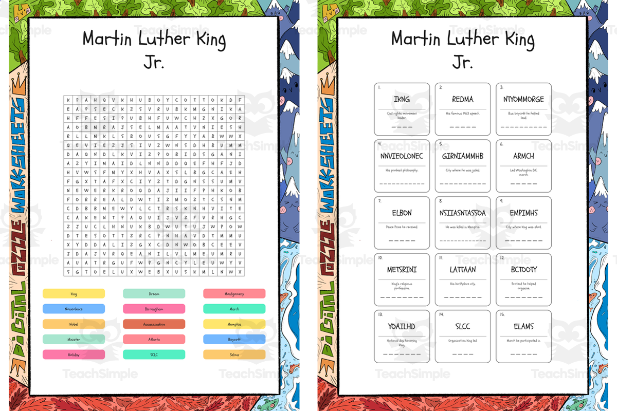 An educational teaching resource from Lapiiin Art Activities entitled Martin Luther King Jr word search, scramble and crossword puzzle downloadable at Teach Simple.