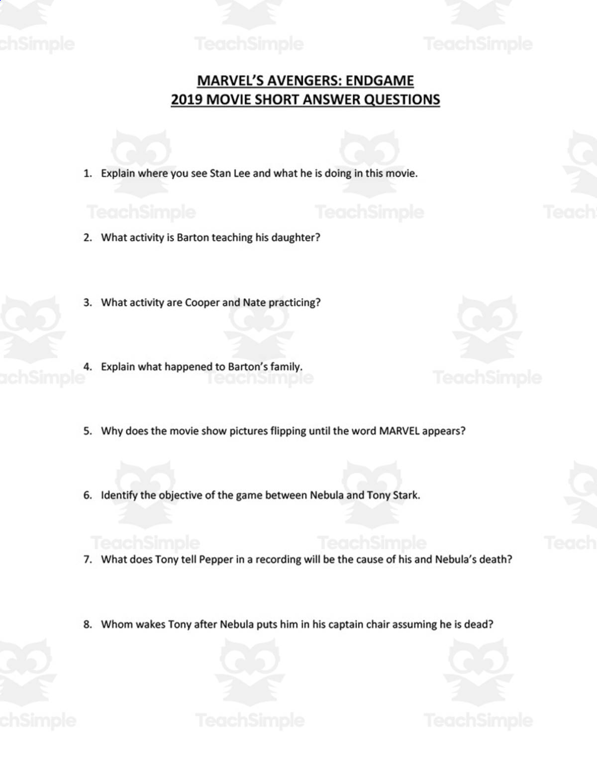 An educational teaching resource from Angela Zelaya entitled Marvel's Avengers: Endgame | Short Answer Movie Questions downloadable at Teach Simple.