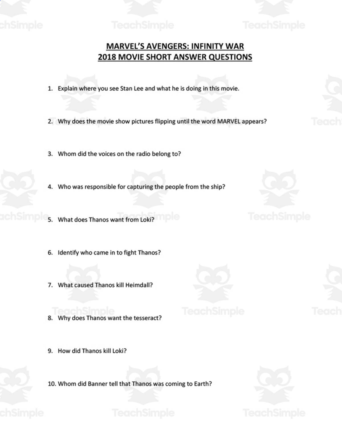 An educational teaching resource from Angela Zelaya entitled Marvel's Avengers: Infinity War | Short Answer Movie Questions downloadable at Teach Simple.