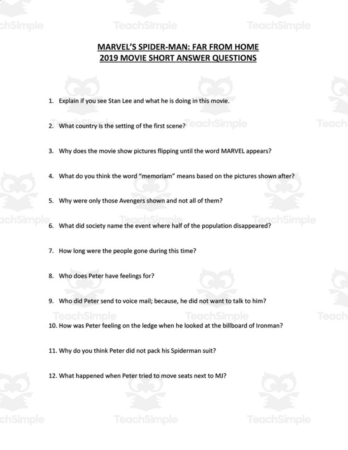 An educational teaching resource from Angela Zelaya entitled Marvel's Spiderman: Far From Home | Short Answer Movie Questions downloadable at Teach Simple.