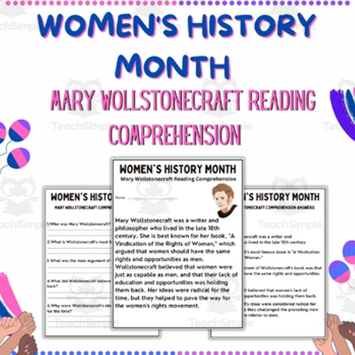 An educational teaching resource from Style Your Classroom entitled Mary Wollstonecraft: Women's History Inspiring Reading Comprehension downloadable at Teach Simple.
