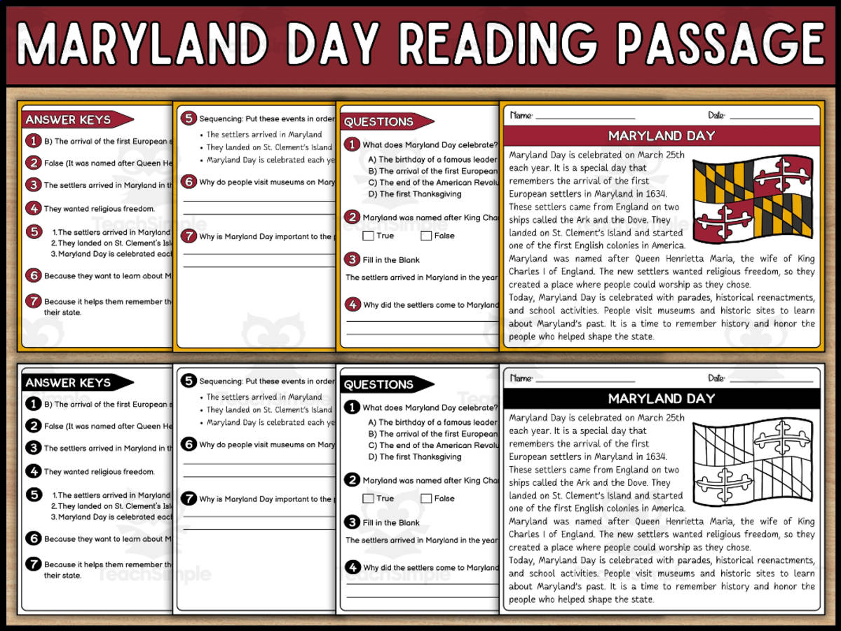 An educational teaching resource from Wonderland School entitled Maryland Day Reading Comprehension Passage and Questions downloadable at Teach Simple.