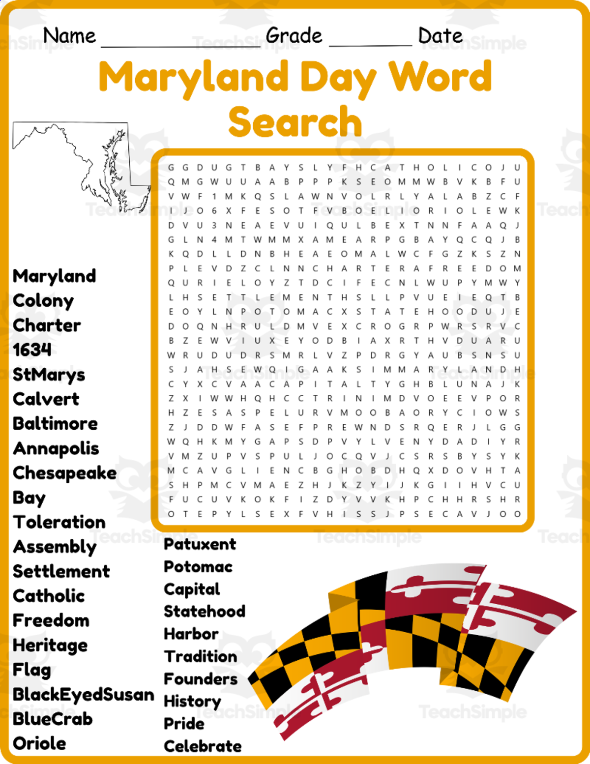 An educational teaching resource from Classsimple entitled Maryland Day Word Search 2nd 3rd 4th 5th Grade Worksheet Activity downloadable at Teach Simple.