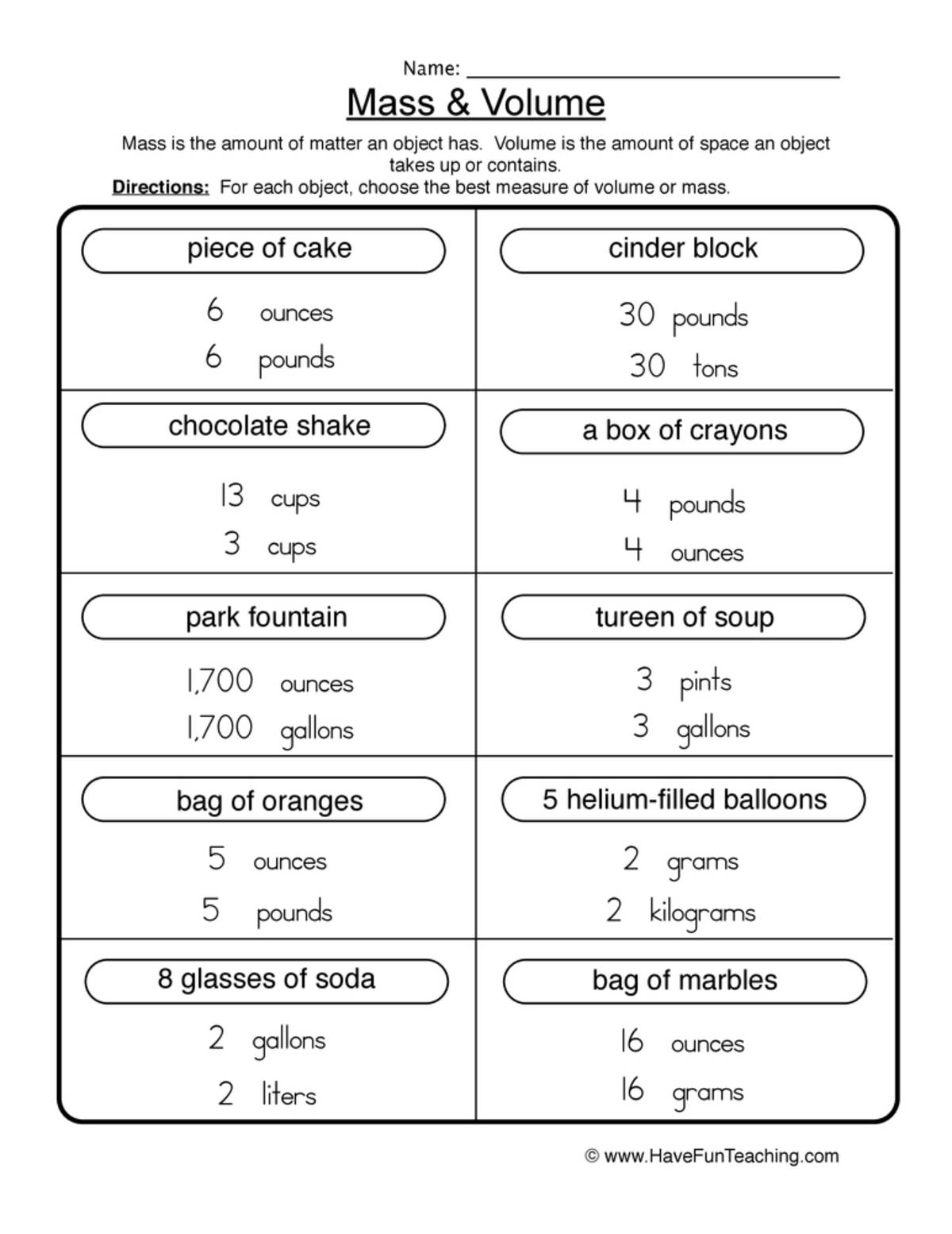 An educational teaching resource from Have Fun Teaching entitled Mass Volume Worksheet downloadable at Teach Simple.