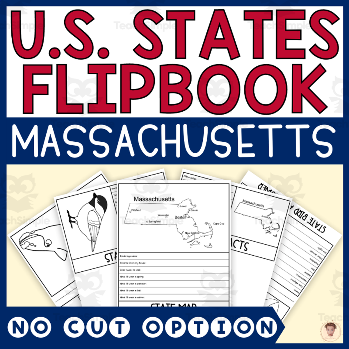 An educational teaching resource from Heather Huhman entitled Massachusetts State Flipbook (Capital, Bird, Flower, Flag, Animal) downloadable at Teach Simple.