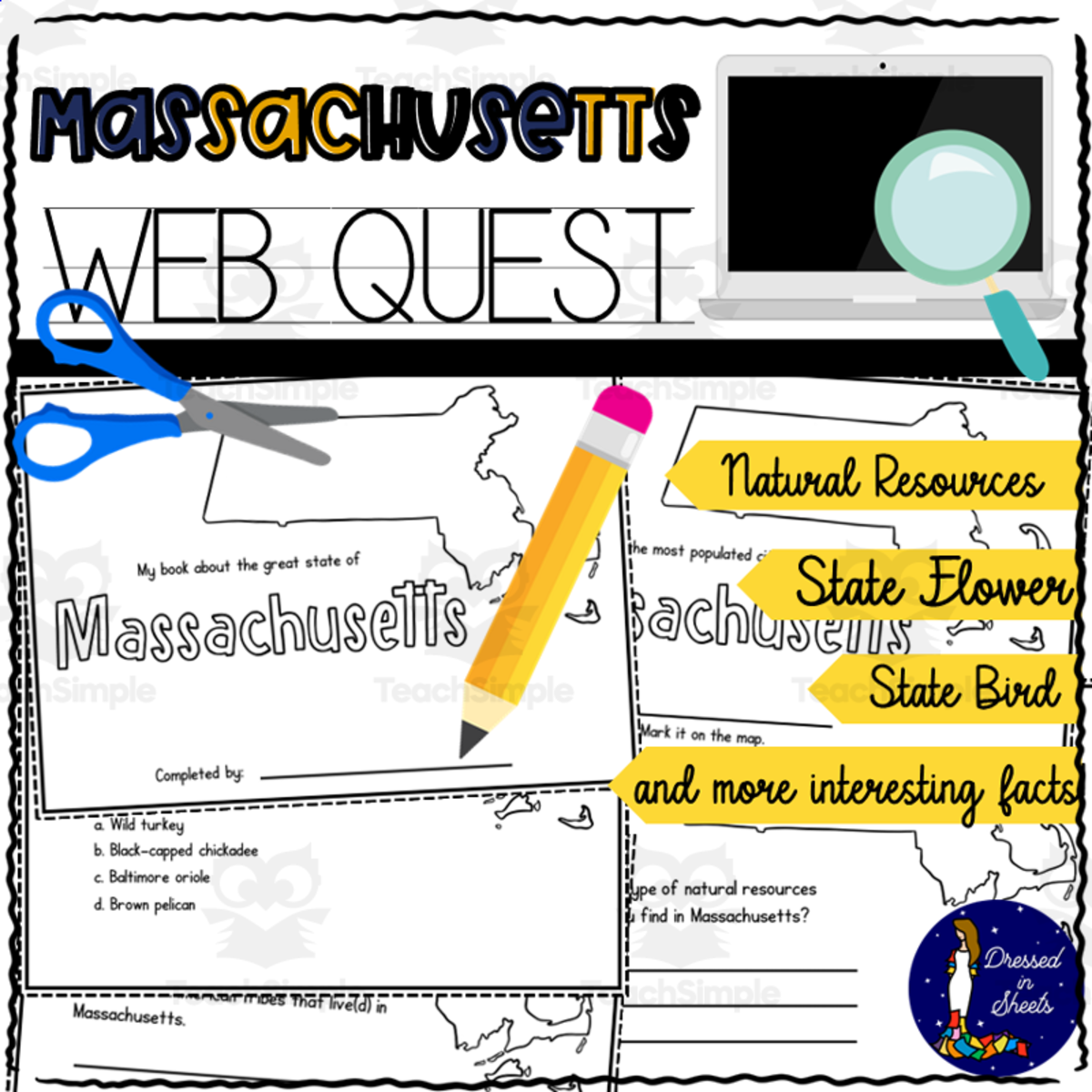 An educational teaching resource from Soumara Siddiqui entitled Massachusetts WebQuest Printable Book downloadable at Teach Simple.