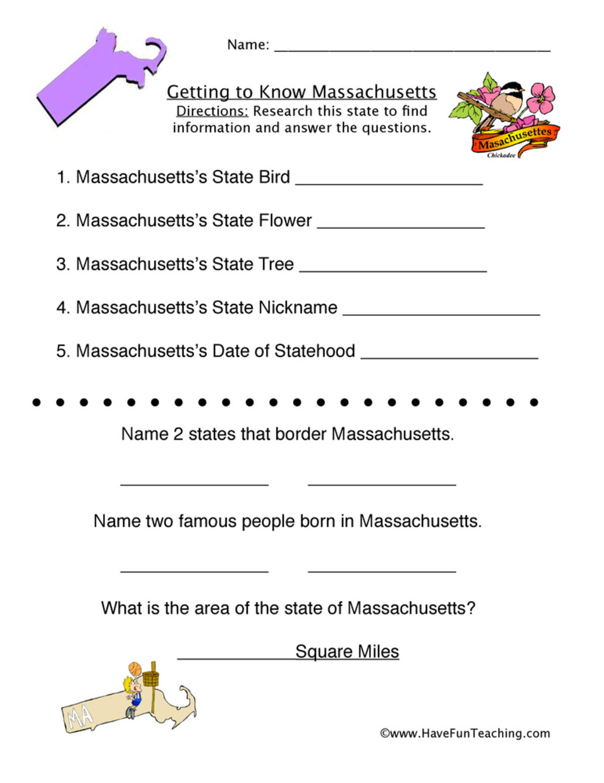 An educational teaching resource from Have Fun Teaching entitled Massachusetts Worksheet downloadable at Teach Simple.