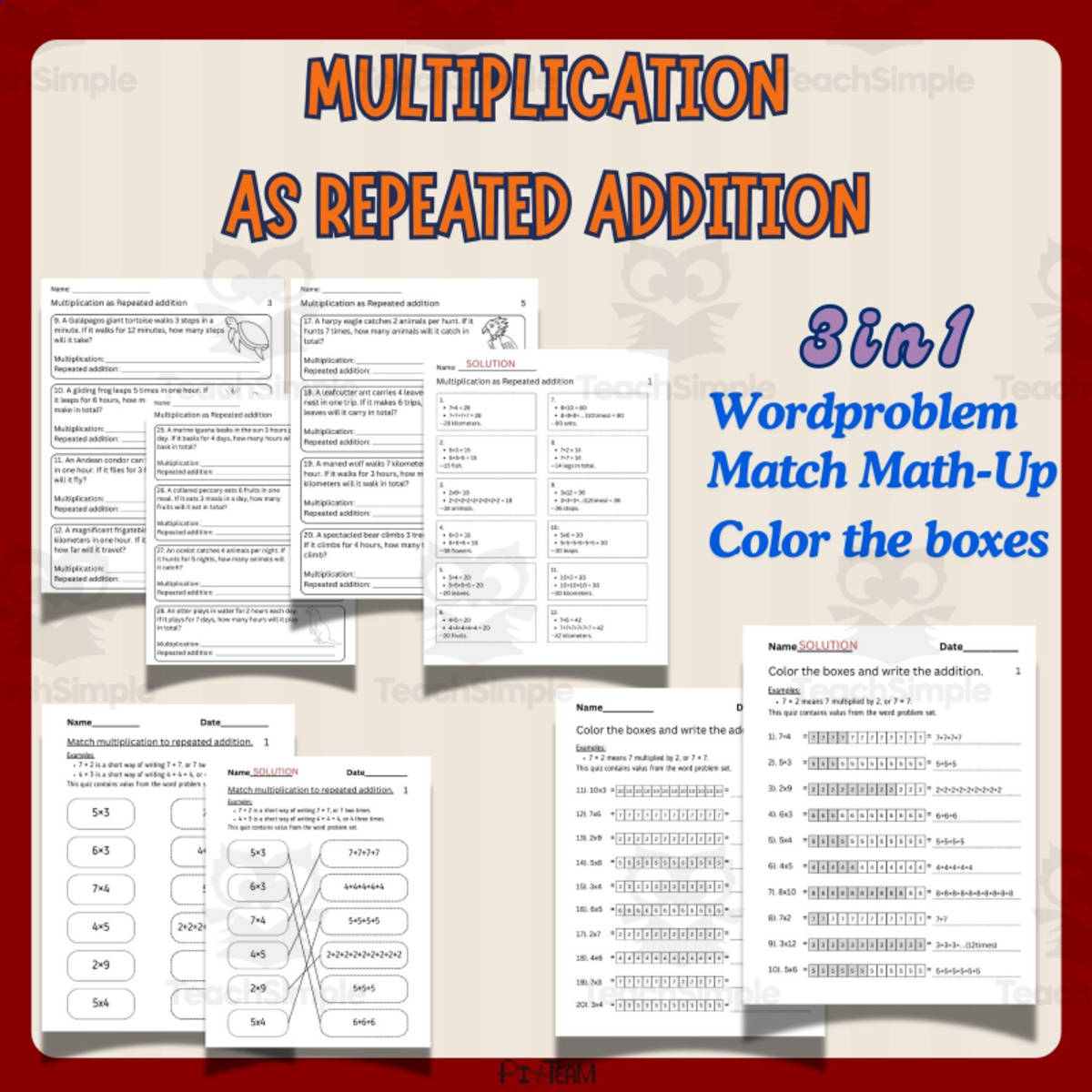 An educational teaching resource from Piix.Team entitled Match Multiplication as repeated addition. downloadable at Teach Simple.