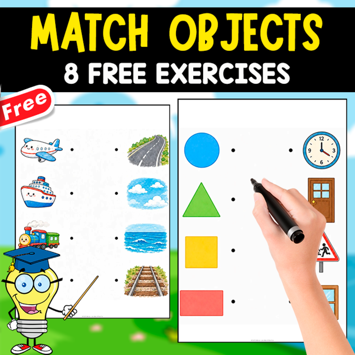 An educational teaching resource from EDITORIAL LAURA EDUCA entitled MATCH OBJECTS | 8 FREE EXERCISES downloadable at Teach Simple.