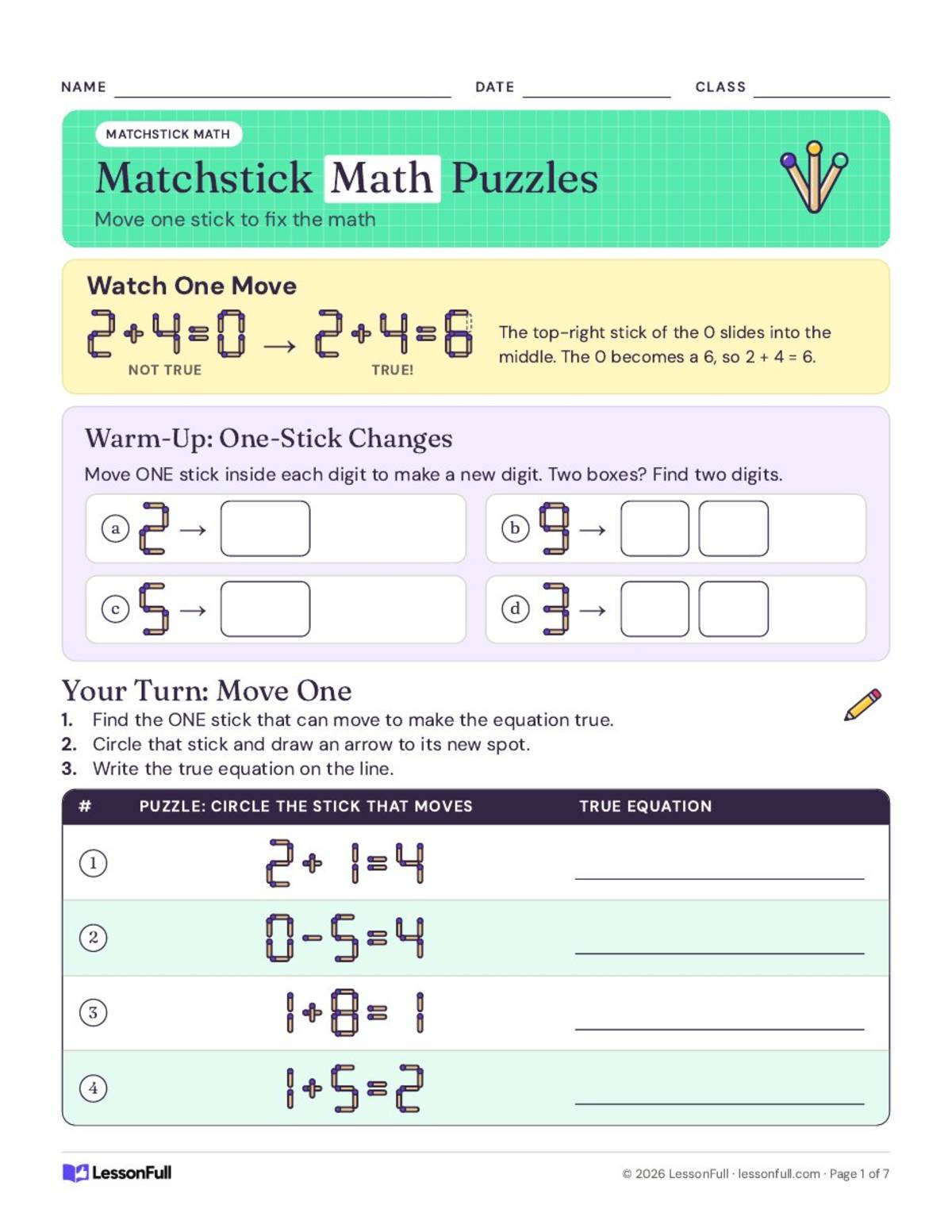 Match Stick Math Puzzles for Grades 2-6 preview