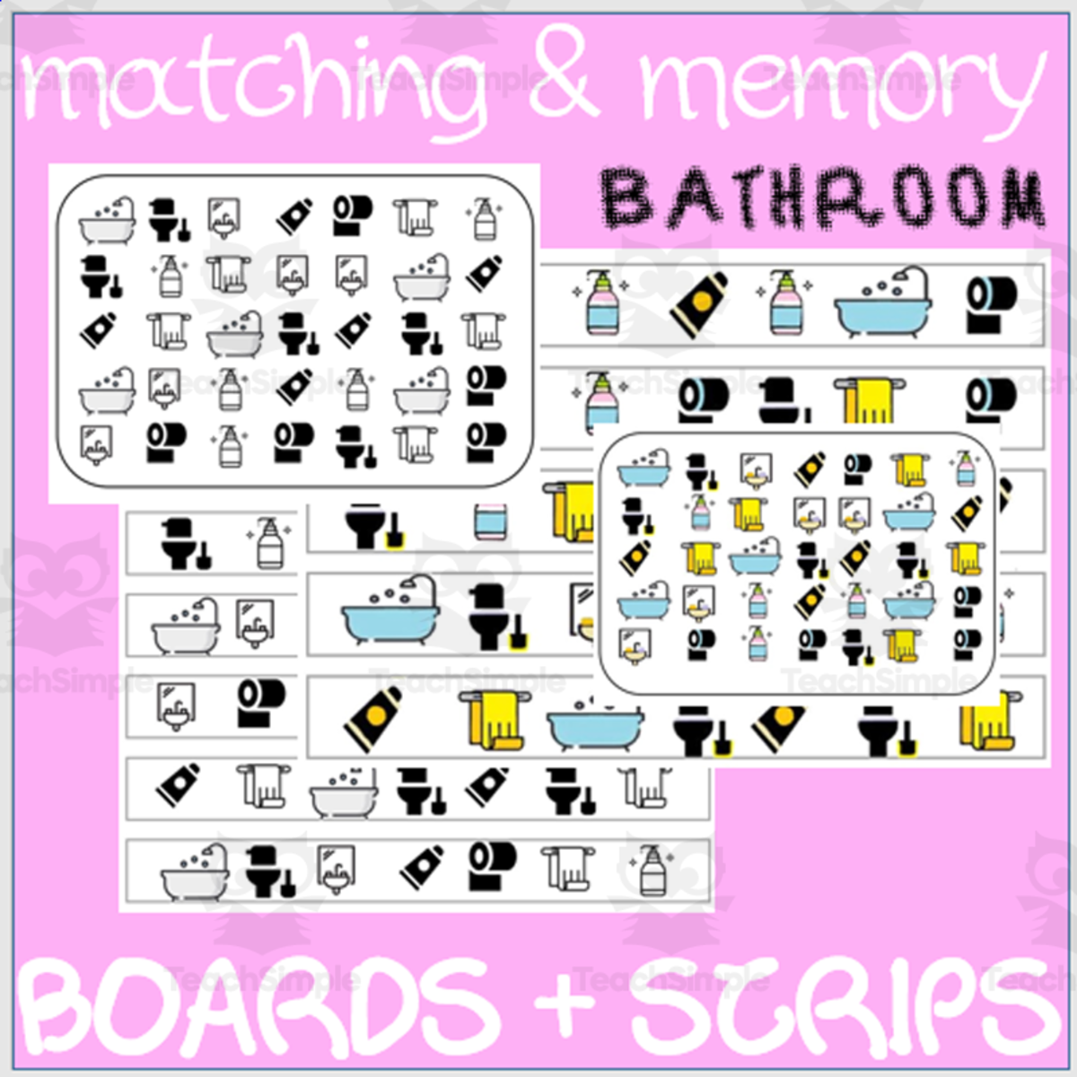 An educational teaching resource from WORDS ASIDE entitled MATCHING & MEMORY BOARDS WITH STRIPS| BATHROOM downloadable at Teach Simple.