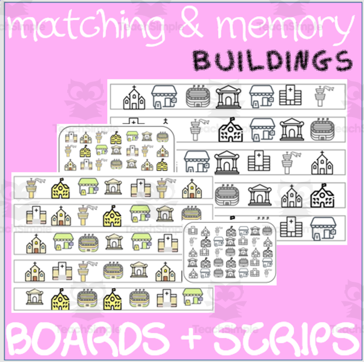 An educational teaching resource from WORDS ASIDE entitled MATCHING & MEMORY BOARDS WITH STRIPS| BUILDINGS downloadable at Teach Simple.