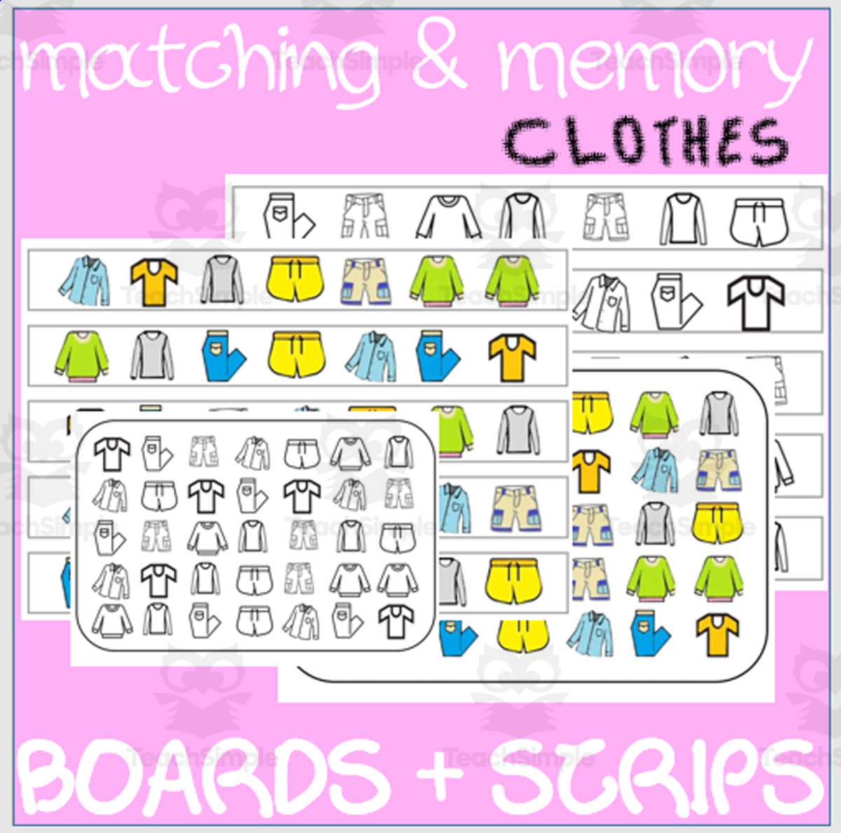 An educational teaching resource from WORDS ASIDE entitled MATCHING & MEMORY BOARDS WITH STRIPS| CLOTHES downloadable at Teach Simple.