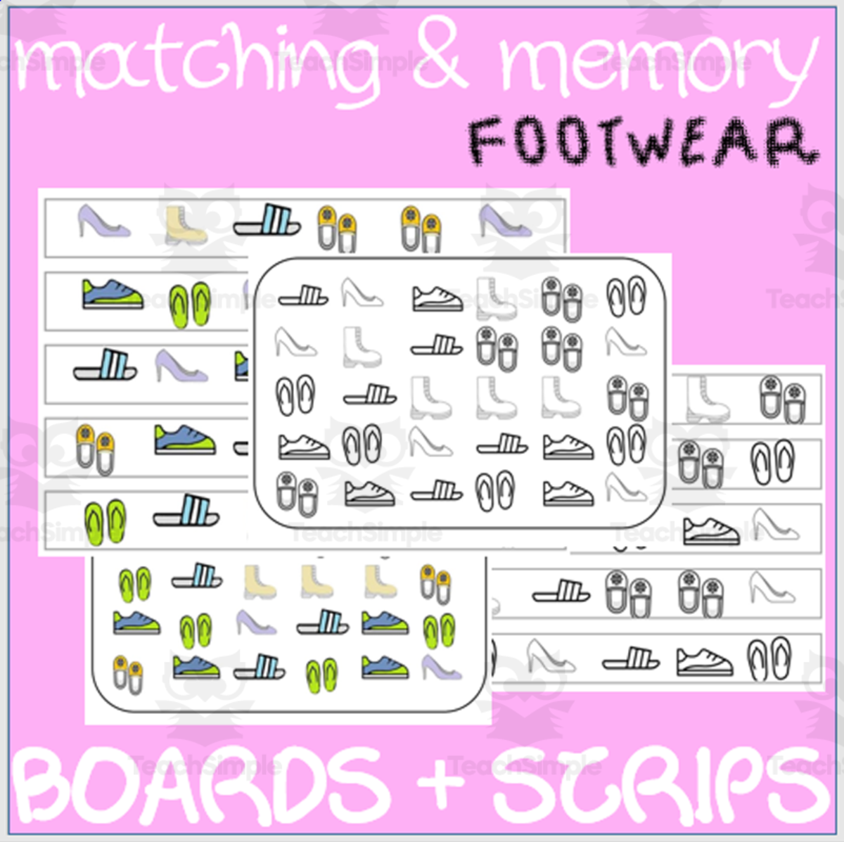 An educational teaching resource from WORDS ASIDE entitled MATCHING & MEMORY BOARDS WITH STRIPS| FOOTWEAR downloadable at Teach Simple.