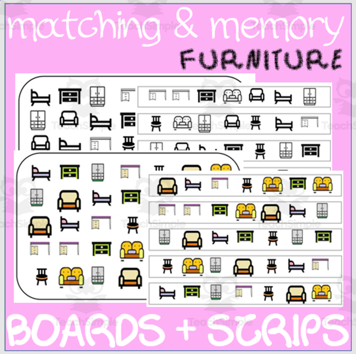 An educational teaching resource from WORDS ASIDE entitled MATCHING & MEMORY BOARDS WITH STRIPS| FURNITURE downloadable at Teach Simple.