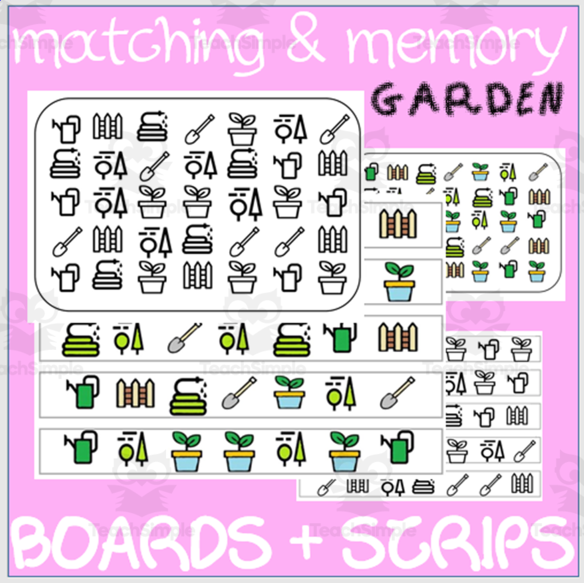 An educational teaching resource from WORDS ASIDE entitled MATCHING & MEMORY BOARDS WITH STRIPS| GARDEN downloadable at Teach Simple.