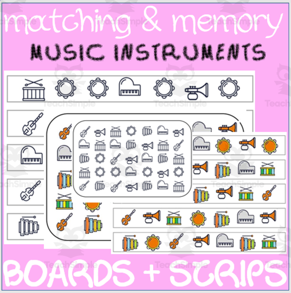 An educational teaching resource from WORDS ASIDE entitled MATCHING & MEMORY BOARDS WITH STRIPS| MUSIC INSTRUMENTS downloadable at Teach Simple.