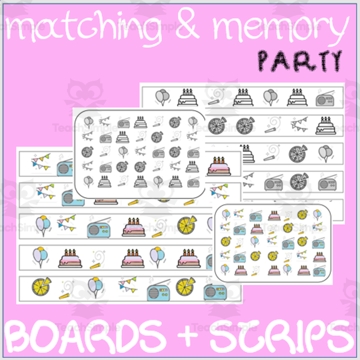 An educational teaching resource from WORDS ASIDE entitled MATCHING & MEMORY BOARDS WITH STRIPS| PARTY downloadable at Teach Simple.
