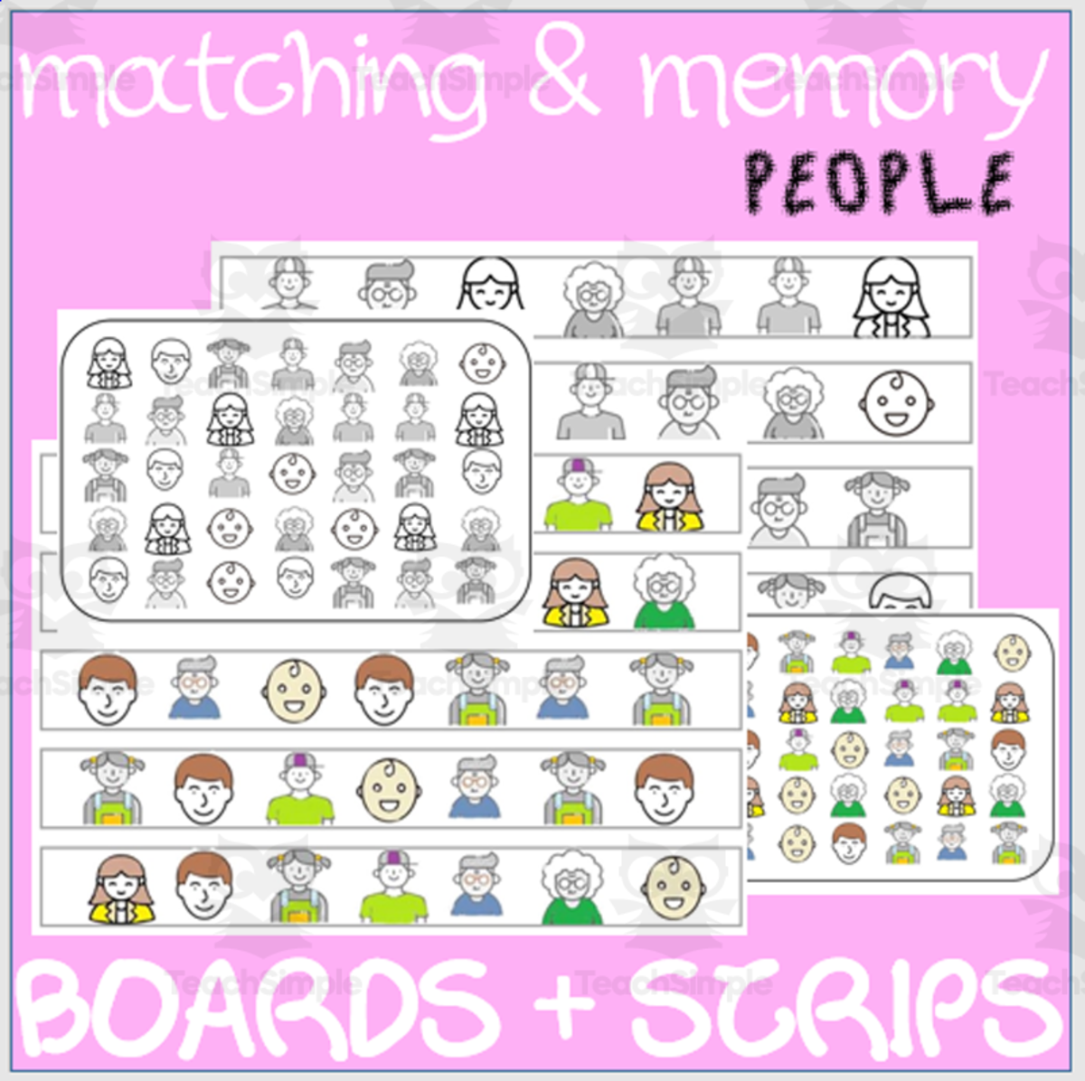 An educational teaching resource from WORDS ASIDE entitled MATCHING & MEMORY BOARDS WITH STRIPS| PEOPLE downloadable at Teach Simple.
