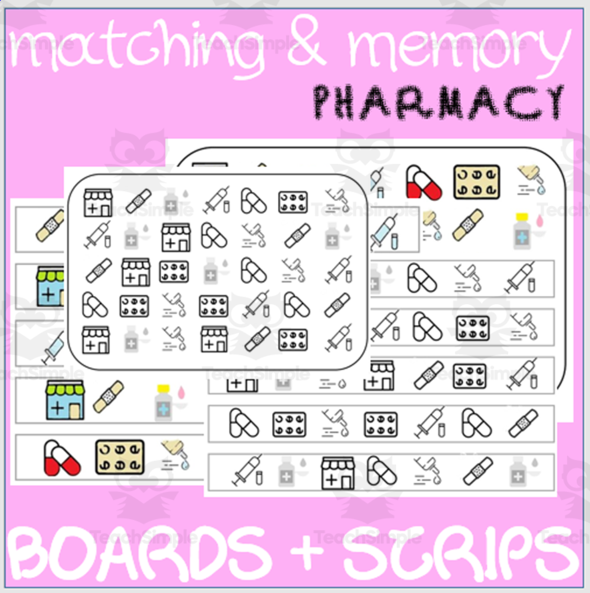 An educational teaching resource from WORDS ASIDE entitled MATCHING & MEMORY BOARDS WITH STRIPS| PHARMACY downloadable at Teach Simple.