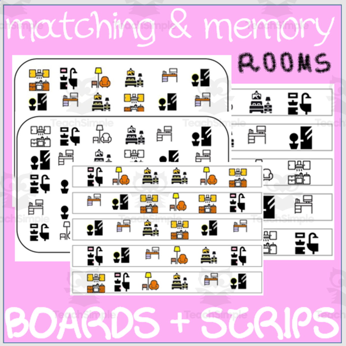 An educational teaching resource from WORDS ASIDE entitled MATCHING & MEMORY BOARDS WITH STRIPS| ROOMS downloadable at Teach Simple.