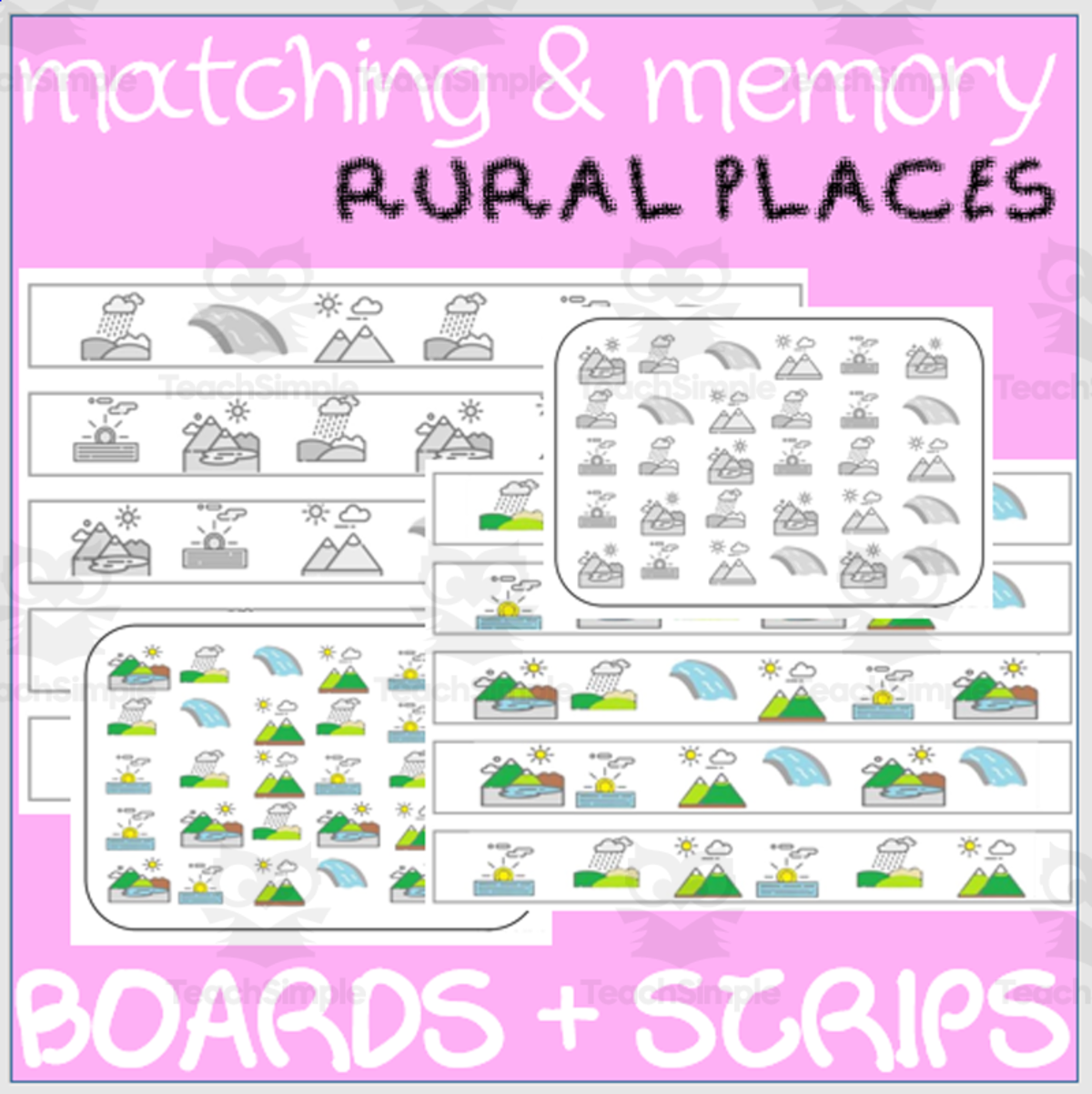 An educational teaching resource from WORDS ASIDE entitled MATCHING & MEMORY BOARDS WITH STRIPS| RURAL LOCATIONS downloadable at Teach Simple.