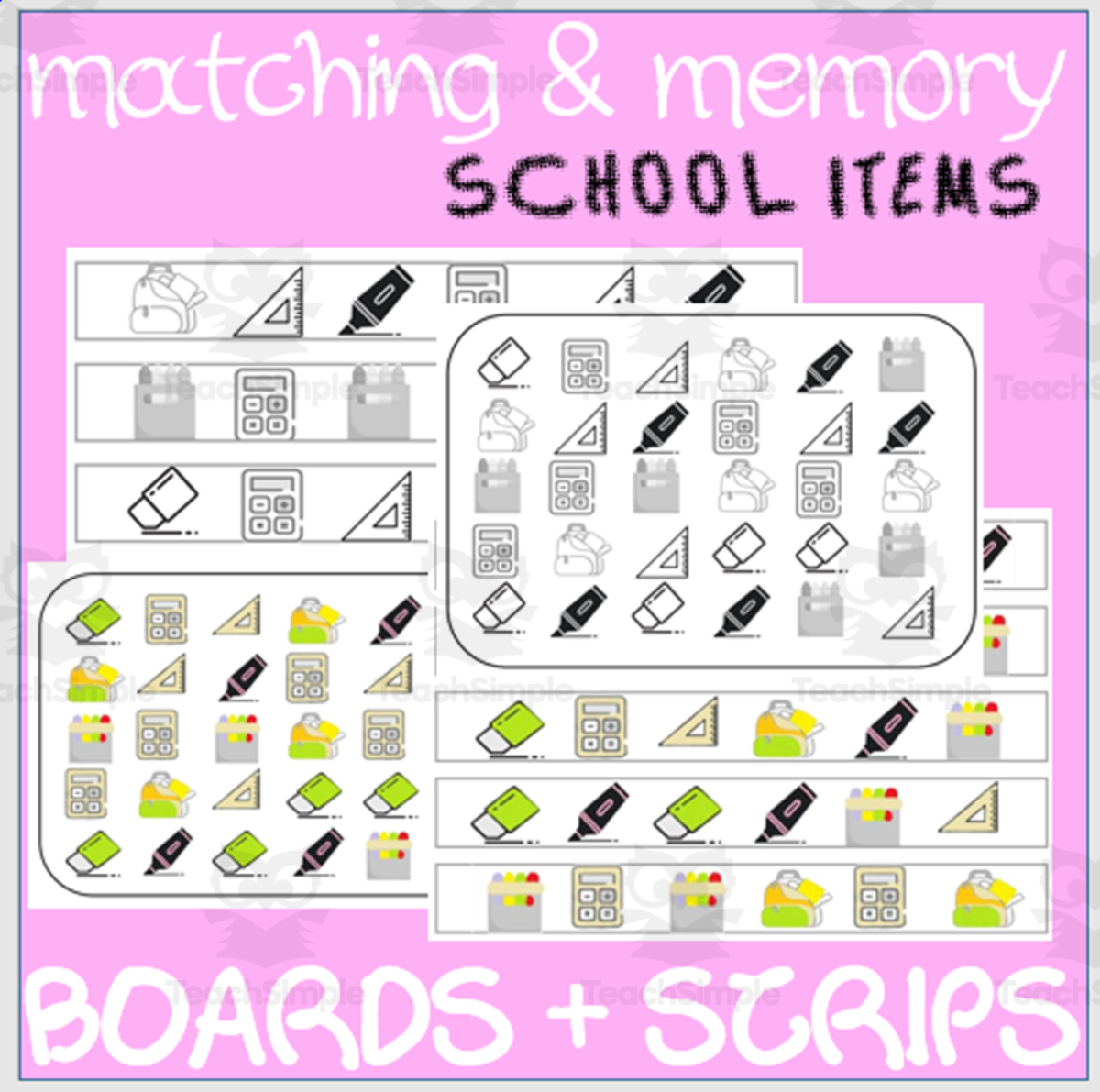An educational teaching resource from WORDS ASIDE entitled MATCHING & MEMORY BOARDS WITH STRIPS | SCHOOL ITEMS downloadable at Teach Simple.