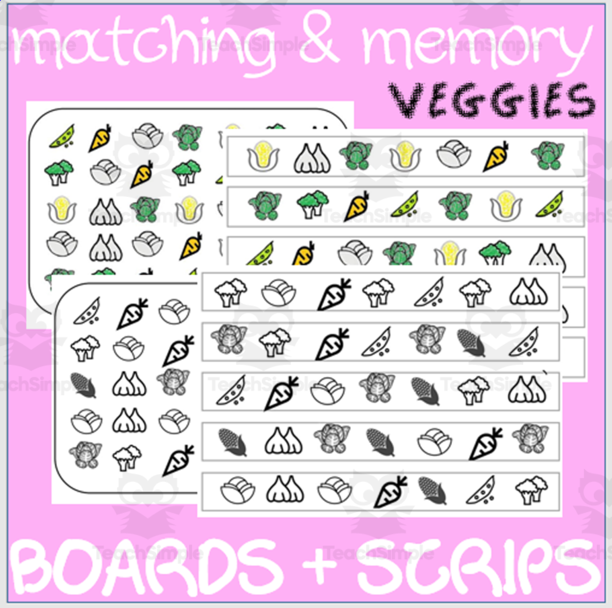 An educational teaching resource from WORDS ASIDE entitled MATCHING & MEMORY BOARDS WITH STRIPS| VEGETABLES downloadable at Teach Simple.
