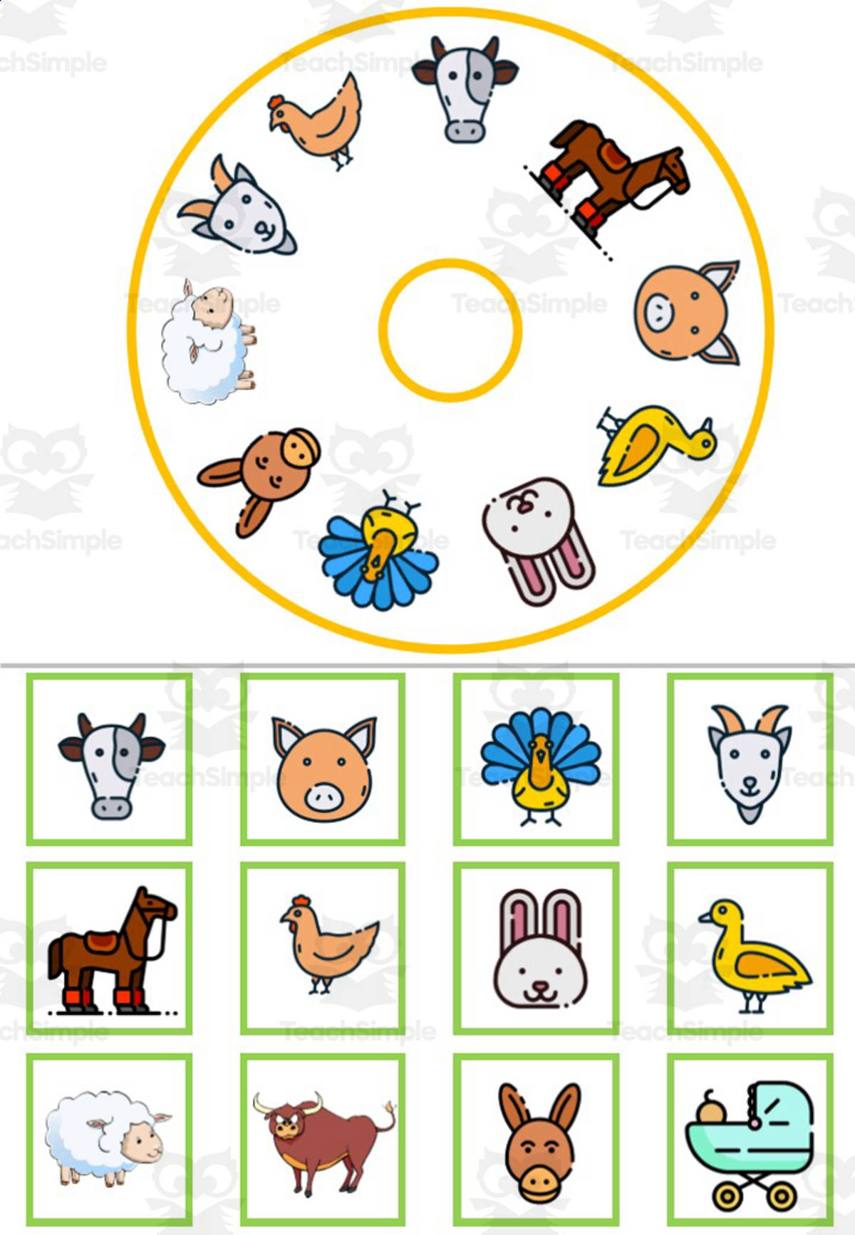 An educational teaching resource from WORDS ASIDE entitled MATCHING & MEMORY CARDS AND WHEELS| FARM ANIMALS downloadable at Teach Simple.