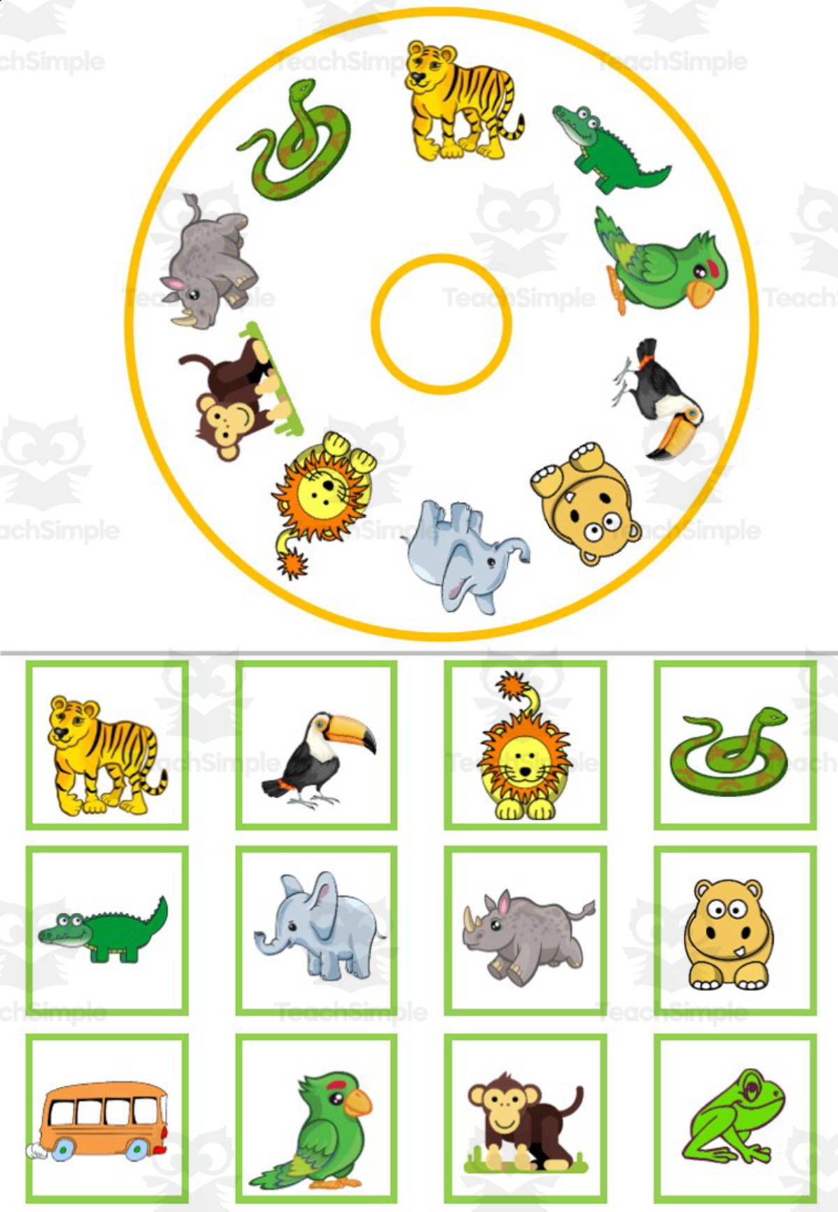 An educational teaching resource from WORDS ASIDE entitled MATCHING & MEMORY CARDS AND WHEELS| JUNGLE ANIMALS downloadable at Teach Simple.